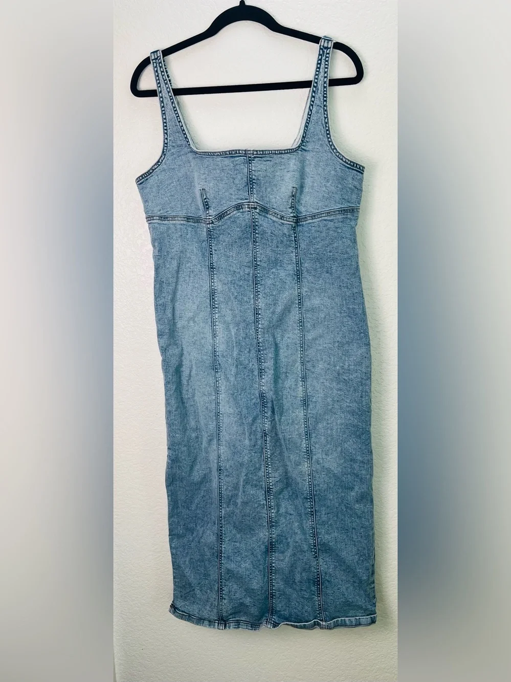 Wild Fable Denim Midi Dress Light Wash Bodycon Square Neck Side Slit Large - Picture 3 of 14